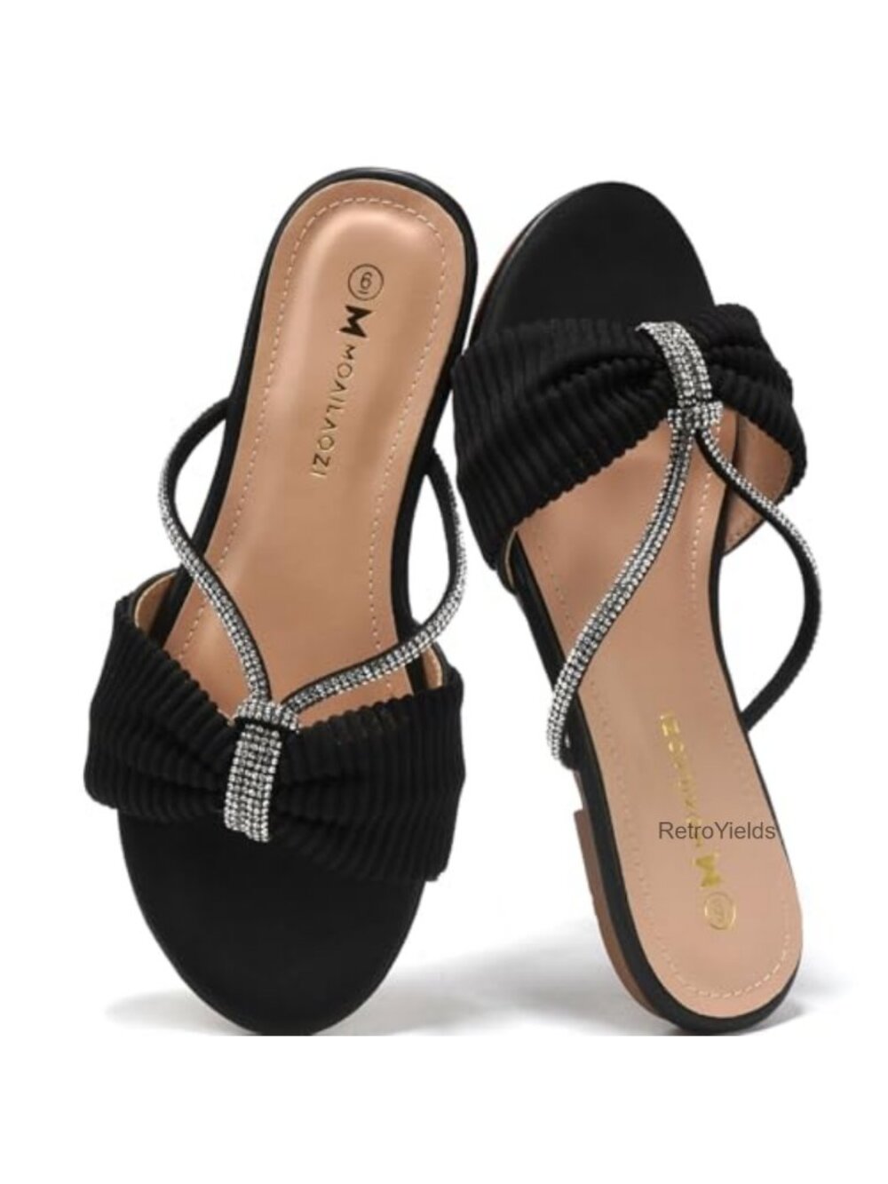 Women's Rhinestone Strappy Slide Sandals Faux Leather Memory Foam Open Toe Flats